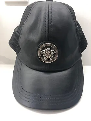Authentic Versace Black Soft Leather Hat Cap Silver Medusa Very Rare Sz 59 • $329.99