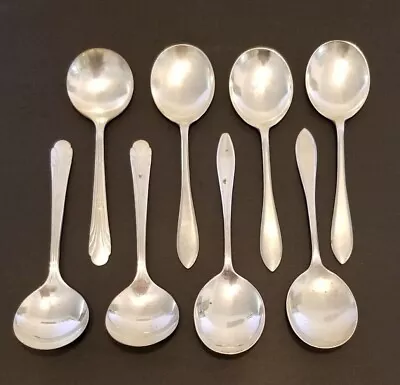 Vintage Art Deco Chevron & Plain Pattern Lot  8 Pudding Dessert Soup Spoons EPNS • $25.60