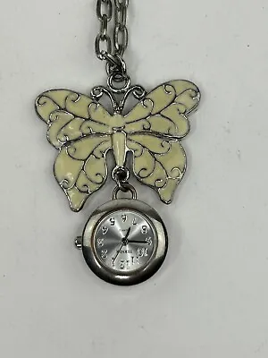 Bijoux Terner Women’s Silver Tone White Enamel Butterfly 30 Inch Necklace Watch • $14.95