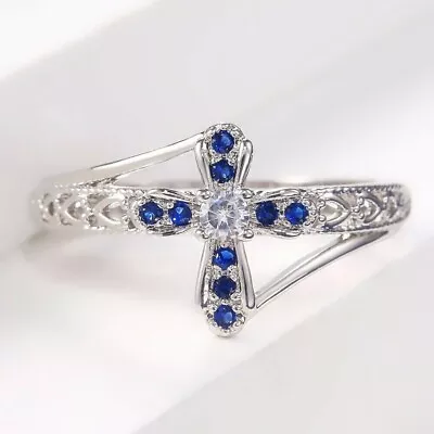 925 Sterling Silver Lab Created Blue Sapphire & Diamond Women Cross Ring • $96.38