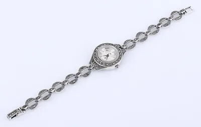 Ladies Marcasite Simulated .925 Solid Sterling Silver Wristwatch #17212 • $282.67
