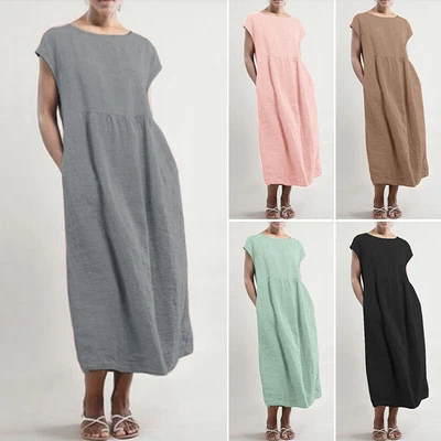 $23.74 • Buy ZANZEA Women Casual Cotton Sundress Office Work Ladies Plus Size Long Midi Dress