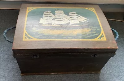 Small Vintage Storage Chest With Hand Painted Sailing Ships • £40