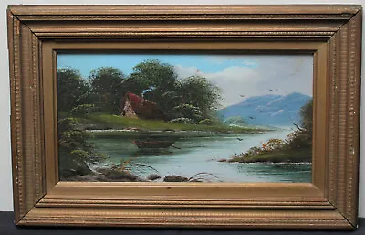 Antique Edwardian Oil Painting On Card : Landscape Cottage Countryside Lake Boat • £45