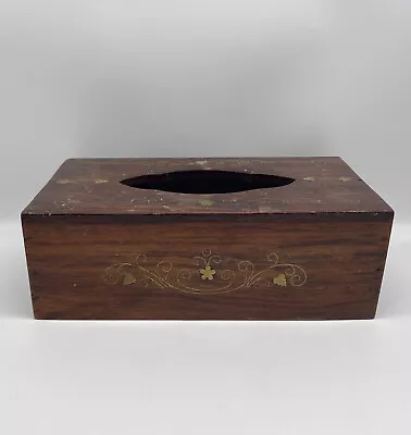 Vintage Handmade Wooden Tissue Box Cover With Metal Inlays • £19.28
