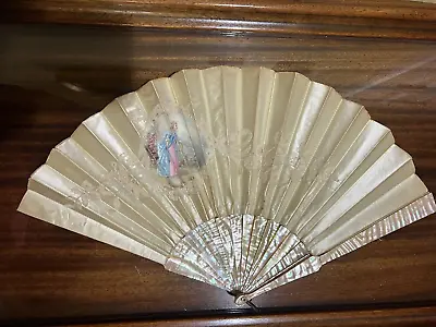 Antique French Mother Of Pearl Hand Painted Paper Folding Fan • $200
