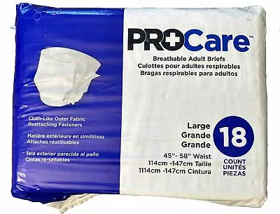 PROCARE BREATHABLE ADULT BRIEFS DIAPERS Size Large 45”-58” Waist.  18 Count • $7.49