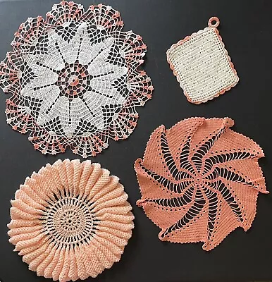 Vintage Lot Handmade PEACH Tangerine Crochet Doilies Pot Holder 7”-12” • $14.99