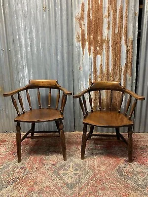 £325 • Buy Antique PAIR Captains Chairs Smokers Chair Bankers Armchair Bow Back Spindle