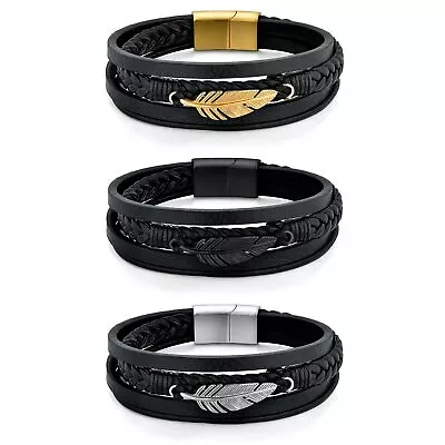 Men Multi-Layer Feather Angel Wings Braided Leather Bracelet Cuff Wristband Gift • $11.99