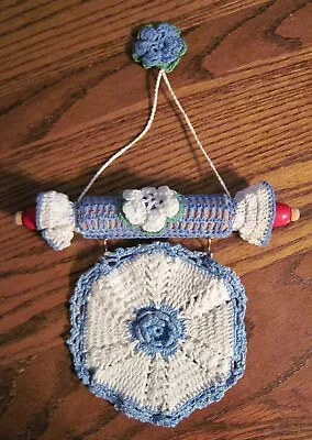 Vintage Crocheted Blue/Green/White Rolling Pin Wall Hook & Pot Holder • $11.99