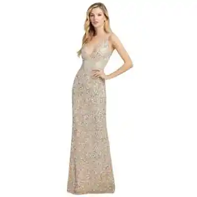 Mac Duggal 2 Nude Gold Sequin Sleeveless V Neck Column Gown Prom Mardi Gras Gala • $250