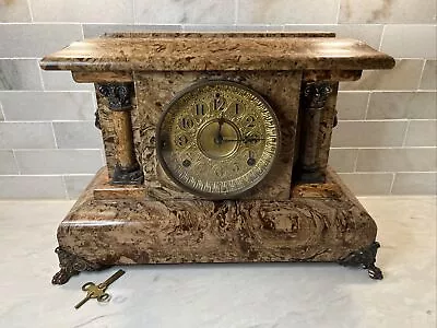 Seth Thomas Cream & Brown Adamantine Pillar Mantle Clock Faux Marble Lion Head • $160