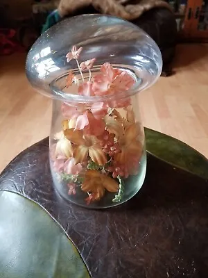 Vintage Mid Century Clear Glass Mushroom Shaped Terrarium Jar W/ Flowers Inside  • $35