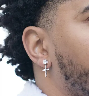 Iced Stud Cross Drop Hanging Huggie Dangle Hoop Sterling Silver Cz Mens Earrings • $30.99