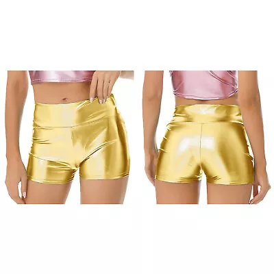 UK Womens Leather Shorts Metallic Dance Shorts High Waist Pants Hotpants Short • £7.49