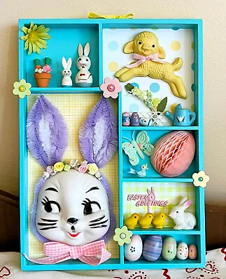 OOAK Vintage Easter Kitsch Shadowbox Chenille Bunny Chick Lamb Figurines Deco • $65