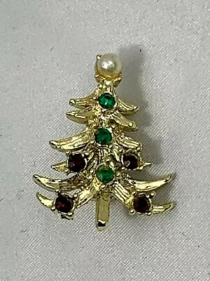 Vintage Christmas Tree Pin/Brooch Rhinestones Faux Pearl Gold Tone • $10.95