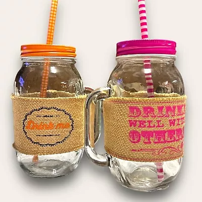 Decorative Drinking Mason Jar Style Glasses W/ Handles NWOT 32oz Fun Gift • $24.99