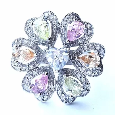 (SIZE 6789) EXQUISITE CZ HEARTS FLOWER RING Marcasite .925 STERLING SILVER • $30