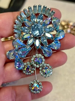 Vintage Aurora Borealis Blue Rhinestone Brooch/Pin Signed WEISS • $39.99