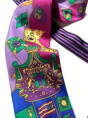 GIANNI VERSACE VINTAGE 90s ROYAL COAT OF ARMS TIE QUEEN UK NAUTICAL FLAGS PURPLE • $134.04