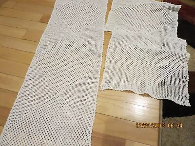 Vintage White Crochet  Runner 48  X 12   & 2 Matching Doilies 12 1/2  Sq.-#y38-6 • $5.99