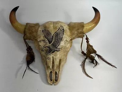 Buffalo Head Skull With Horns Low-Relief Eagle Feathers On Horns Decor • $44.95