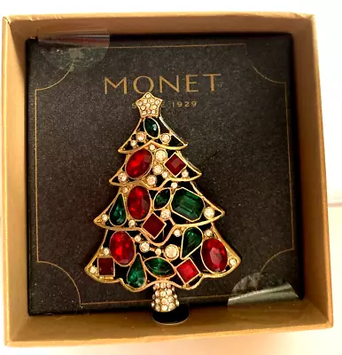 Monet Christmas Tree Brooch Pin NIB Rhinestone Crystals Goldtone Sparkle 2.5 In • $26.50