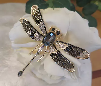 Stunning Vintage Style Large Black Rhinestone Dragonfly Insect Brooch Pendant • $26.95