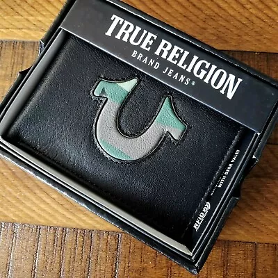 NWT True Religion ACHE LEATHER WALLET Bi-Fold BLACK / CAMO HORSESHOE $50 RFID • $34.91