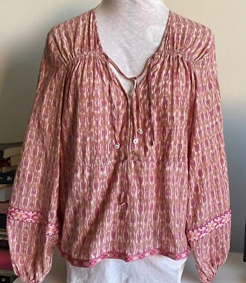 $35 • Buy TIGERLILY Pink Boho Top / Indian Cotton, Ikat Print, Trim / 12 / V Neck, Ties