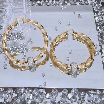 🔥Large Gold Twist Hoop Earrings With Crystal Balls Chunky Hoops 9ct Gold Filled • £24.99