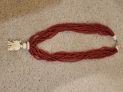 Vintage Nagaland 12-Strand Red Coral Beaded Torsade Necklace W/ Carved Elephant • $29.95