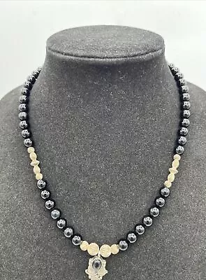 Sterling NAVAJO PEARL Black Onyx Saucer Bench Beads Necklace VTG Silver • $62.99