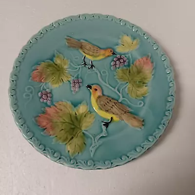 Vintage German Blue Majolica Plate Birds On Limbs With Grapes & Leaves   7.5  • $45