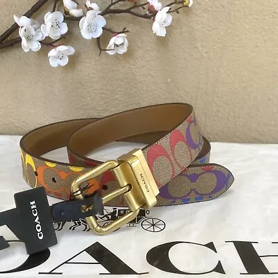 NWT Coach Roller Buckle Cut To Size Reversible Belt In Rainbow Signature Canvas • $159