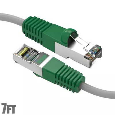 7FT Cat6 RJ45 Network LAN Ethernet Shielded Crossover Cable Gray Wire/Green Boot • $15.09