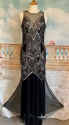 Dress 10 Black Beaded Beaded Sequin Vintage 1920 Ballgown Gatsby Maxi Flapper • £39.99