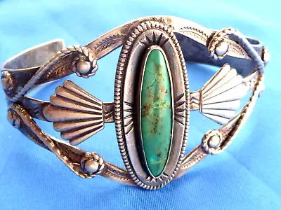 Harvey Bracelet Navajo  Old Pawn Singed Bell Sterling Turquoise Bracelet • $129