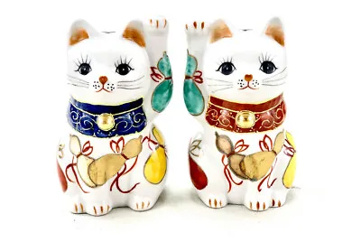 Maneki Neko Japanese Lucky Cat Fortune Up Right Hand & Left Hand SET 【Red&Blue】 • $97.77