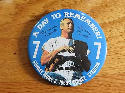 1969 MICKEY MANTLE No. 7 NEW YORK YANKEES Retirement Stadium 3.5  Button / Pin • $35