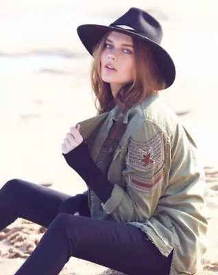 FREE PEOPLE Military Shirt Jacket Small Khaki Green Bead Embellished RRP £158 • £49.95