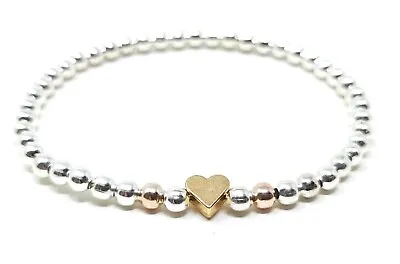 Silver Colour Beaded Stackable Stretch Ladies Girls Bracelet With Heart Spacer • £3.75