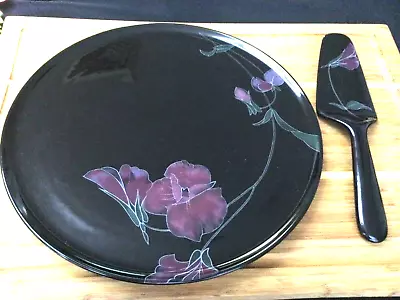 Mikasa Tango Cake Plate And Serving Knife Black Purple Pink Flowers Mcm Retro • $20.79