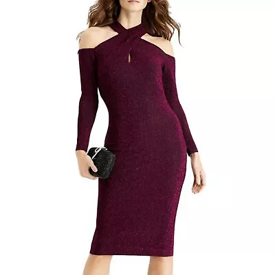 RACHEL ROY S Purple Shimmer Cross Neck Cold Shoulder Bodycon  Dress NWT $210 • £38.78