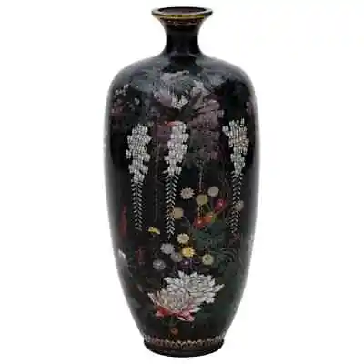 Antique Meiji Japanese Cloisonne Silver Wire Enamel Vase Birds In Garden With Bl • $1200
