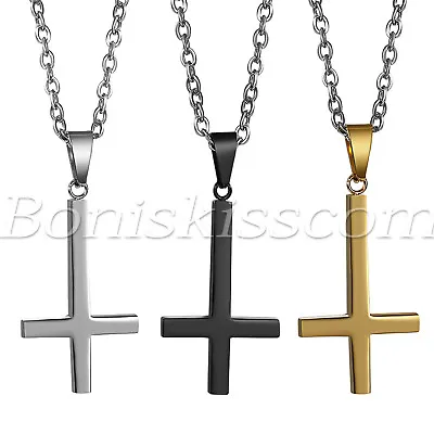 Men's Polished Plain Stainless Steel Inverted Cross Pendant Necklace With Chain • £8.67