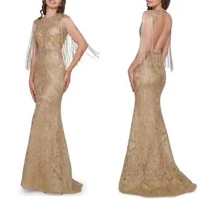 $224.99 • Buy NEW MAC DUGGAL Metallic GOLD Beaded FRINGE SLEEVE Open Back LACE Trumpet GOWN 16