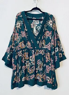 Maurices Top Womens 2X Teal Blue Floral Kimono Sleeve V Neck Flowy Boho Beachy • $40.90